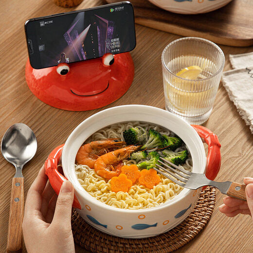 Beyou Ocean Crab Instant Noodle Bowl Large Capacity Double-Ear Soup Bowl with Cover Mobile Phone Holder Instant Noodle Bowl Ocean Instant Noodle Bowl-Crab