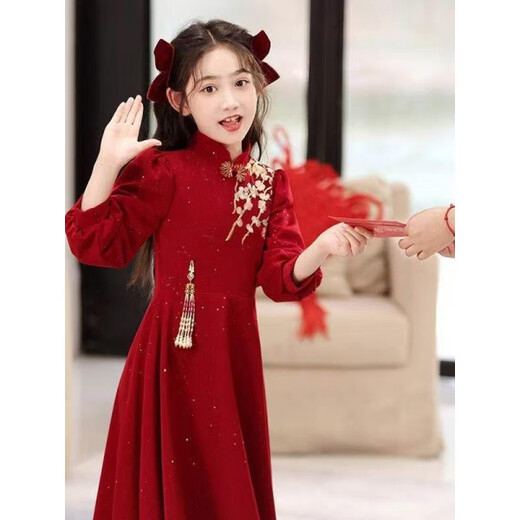 G.duck New Year Clothes Girls' Animal Year Winter New Chinese Style Children's Red Cheongsam Dress New Year's Jersey Host Red Animal Year Suit Skirt 110 cm
