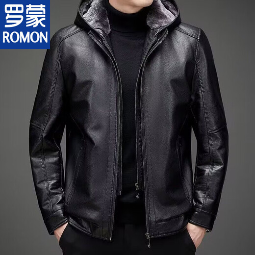 ROMON Haining Leather Men's Fur All-in-One Jacket Middle-aged and Old Sheepskin Plus Velvet Thickened Leather Jacket for Dad Black Hat Style Plus Velvet Thickened XL 180 Size 110-135Jin Jin is equal to 0.5 kg