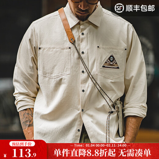 Madden workwear American retro long-sleeved shirt men's Indian totem patchwork pocket stacked cotton shirt autumn off-white L