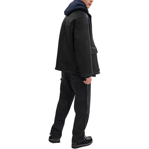 COACH solid color single-breasted lapel long-sleeved leather jacket for men black black M