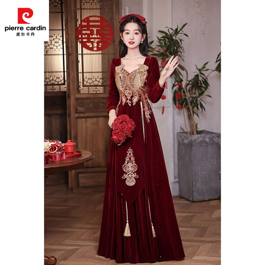Pierre Cardin (pierre cardin) large size toast dress bride wedding burgundy long-sleeved velvet fat mm new Chinese style homecoming dress engagement dress for women spring burgundy one-size-fits-all private customization non-refundable and non-exchangeable