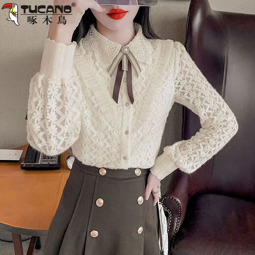 Woodpecker (TUCANO) new autumn and winter velvet thickened shirt women's fashion loose lace bottoming shirt women's doll collar slimming top to reduce age pink velvet S 80-95Jin Jin equals 0.5 kg