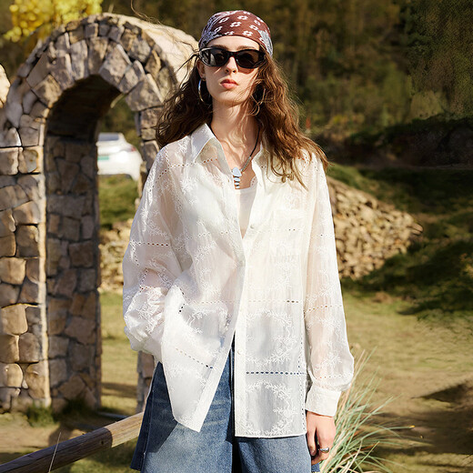 Chuyu Lyocell heavy industry embroidered white shirt for women 2026 spring new loose mid-length hollow cardigan top off-white S