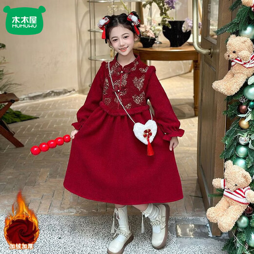 Mumuwu plus velvet and thickened children's western-style New Year greetings for girls 2026 autumn and winter new dress red skirt Chinese style red white new Chinese style dress one size too small 100