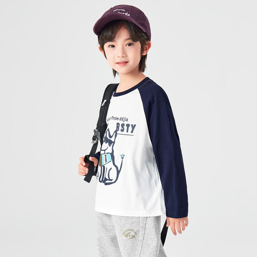 Duojia boys pure cotton long-sleeved 2026 spring and autumn American trendy children's clothing puppy print T-shirt children's breathable and skin-friendly tops