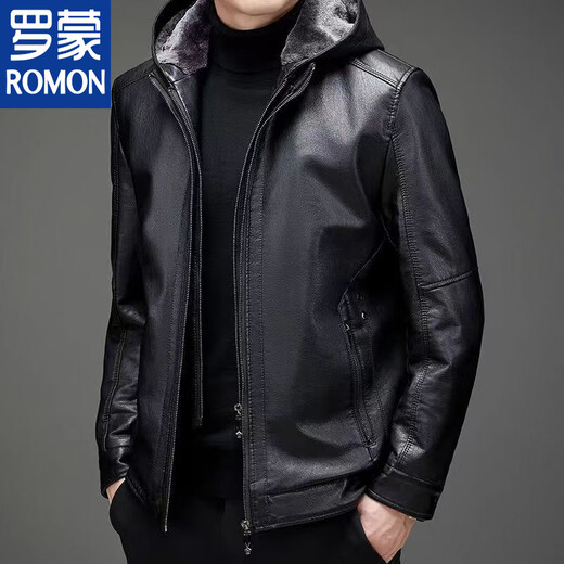ROMON Haining Leather Men's Fur All-in-One Jacket Middle-aged and Old Sheepskin Plus Velvet Thickened Leather Jacket for Dad Black Hat Style Plus Velvet Thickened XL 180 Size 110-135Jin Jin is equal to 0.5 kg