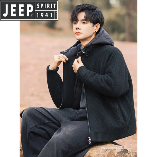 JEEP SPIRIT Мужской пуховик с капюшоном JEEP 2025, новинка зимы, модный утепленный теплый вязаный кардиган, зимний топ, черный XL
