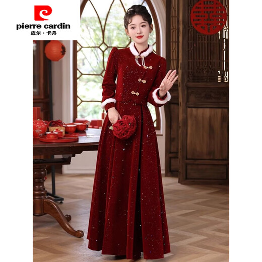 Pierre Cardin New Chinese Toast Wear 2025 New Bride Autumn and Winter Wedding Red Engagement Dress Skirt Women's Winter Velvet Cheongsam Burgundy Winter Style L Recommended 105-115 Jin Jin equals 0.5 kg