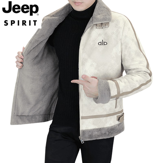 JEEP SPIRIT Autumn and Winter Buckskin Jacket Men's 2026 New Trendy Casual Velvet Thickened Lapel Printed Men's Jacket Black 3XL Suitable for 150-170 Jin Jin equals 0.5 kg