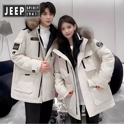JEEP SPIRIT Jeep down jacket for men and women mid-length extreme cold thickened couple parka workwear warm and cold-proof jacket off-white women's XL recommended 150-170 Jin Jin equals 0.5 kg