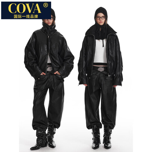 COVA international first-line brand fur collar retro pilot silhouette leather cotton coat for women 2025 winter new fashion jacket black (ready in stock) S