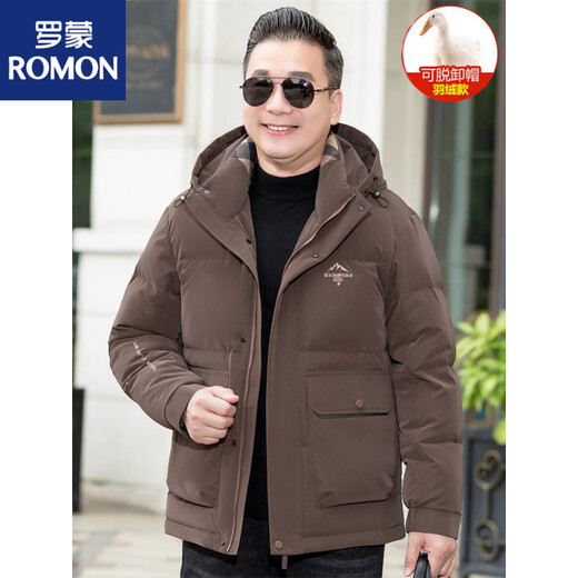 罗蒙（ROMON）2025年冬季中老年爸爸羽绒服男新款加厚连帽中年男士冬装保暖外套 咖啡色 3XL 185 适140-160斤