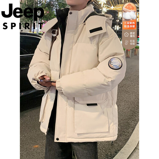 JEEP international brand hooded down jacket men's winter thickened warm cotton coat loose workwear cotton jacket off-white S recommended 90-120Jin Jin equals 0.5 kg