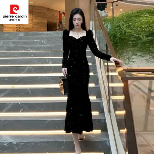 Pierre Cardin New Year's shirt Hepburn style velvet little black dress temperament slim dress long skirt French hip dress women autumn and winter black M 100-110Jin Jin is equal to 0.5 kg