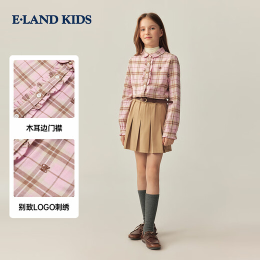 E LAND KIDS 100% cotton children's clothing girls plaid shirt 2025 autumn new product Pink/25 140