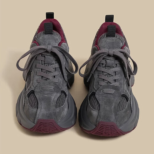 OLJ luxury high-end brand women's shoes thick-soled dad shoes 2026 new casual commuting color matching retro fashion sneakers gray red single lining 39