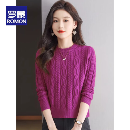 ROMON short sweater for women in autumn and winter high-waisted twist top round neck long-sleeved wool sweater fashionable knitted bottoming sweater 100% pure wool-rose purple-Puyuan wool sweater S