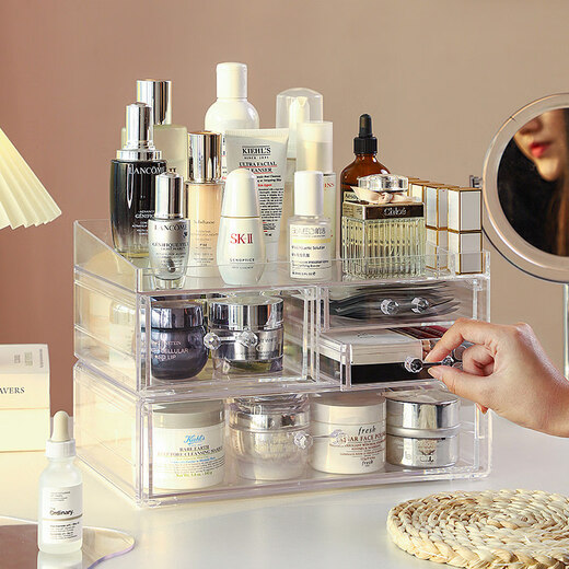 Shijanu new product desktop cosmetics storage box acrylic transparent lipstick box dressing table compartment skin care product mask one-piece three small pumps