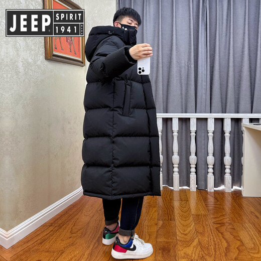 JEEP SPIRIT Jeep's new 95 down down jacket men's extended and thickened knee-length hooded women's winter clothing loose cold-resistant couple outer black XL