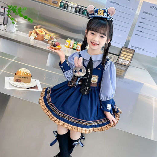 Parmaito Rabbit Police Officer Skirt, Girls Lolita Princess Skirt, Children's Disney Rabbit Police Officer Skirt, Fashionable Girl, Complete Set (Including All in the Picture) 100 Collection Order and Get a Tie