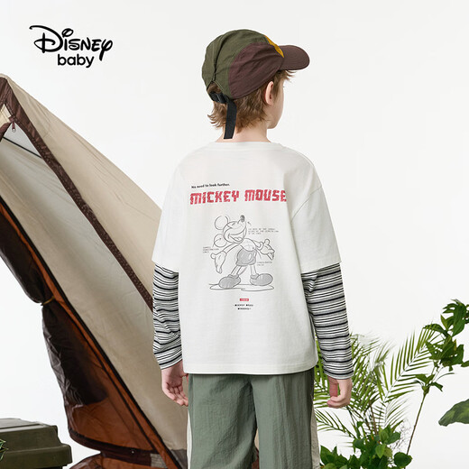 Disney (Disney) children's clothing boys fake two-piece striped long-sleeved T-shirt 2026 spring and autumn new children's round neck fashionable bottoming top trendy white trendy fake two-piece T-shirt 160