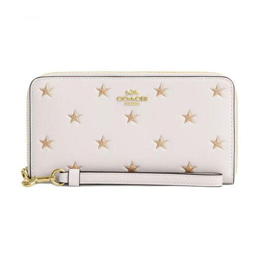 COACH brand logo star print zipper closure exquisite calfskin wallet small size women's white white 1 white 2