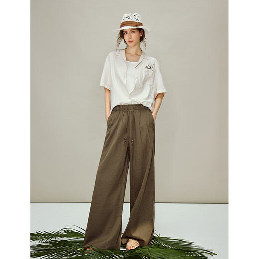 INMAN Linen Embroidered Cuban Collar Shirt 2026 Spring Women's New Loose Short-Sleeved Top Apricot Gray M