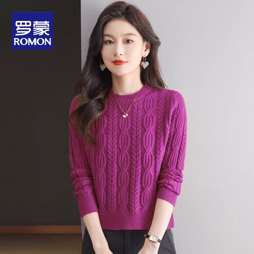 ROMON short sweater for women in autumn and winter high-waisted twist top round neck long-sleeved wool sweater fashionable knitted bottoming sweater 100% pure wool-rose purple-Puyuan wool sweater S