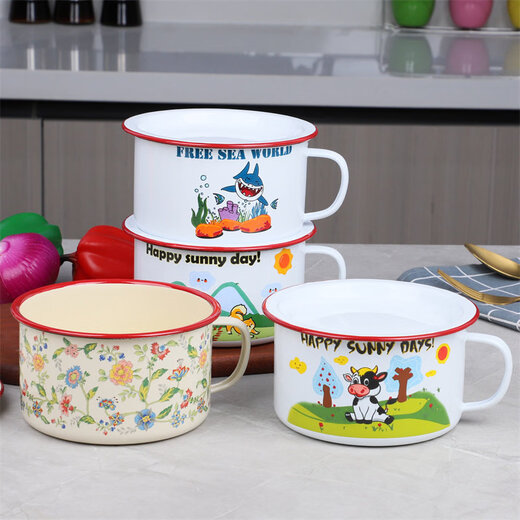 Tuojin German imported quality thickened enamel fast food cup with lid instant noodle bowl student dormitory large bowl cartoon lunch box food white 15CM_thick red edge meal cup (customizable LOGO)