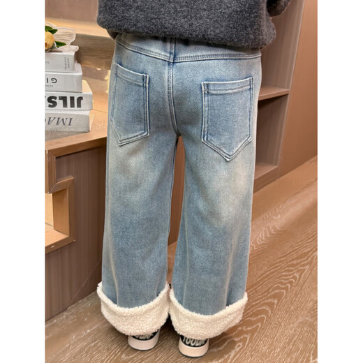 Burwilde international brand girls' velvet pants autumn and winter new style children's winter all-in-one velvet jeans baby straight picture color plus velvet 100 cm