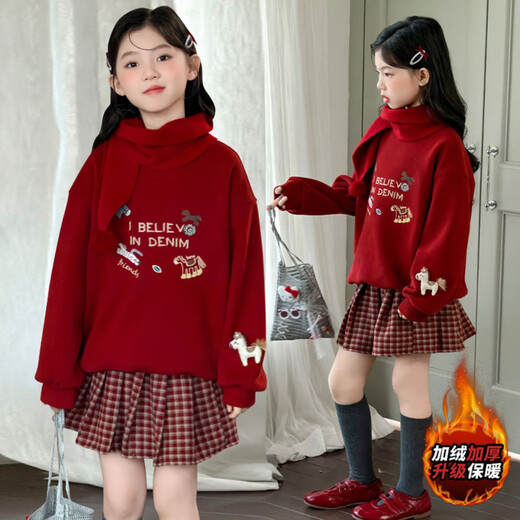 Wooden house girls' velvet sweatshirt suit autumn and winter 2026 foreign-style children's New Year all-in-one velvet winter thickened New Year greetings two-piece set red sweatshirt with scarf plus velvet 160