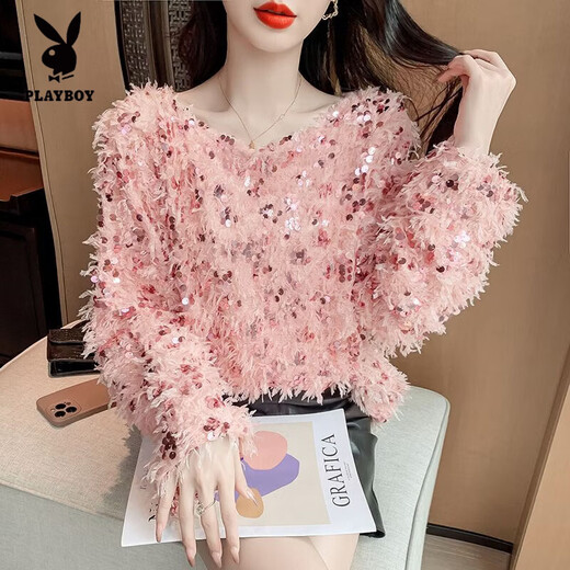 Playboy (PLAYBOY) sequined temperament sweater for women early spring round neck pullover sweater with chic French top underneath pink double layer Gary XL 105-120Jin Jin is equal to 0.5 kg