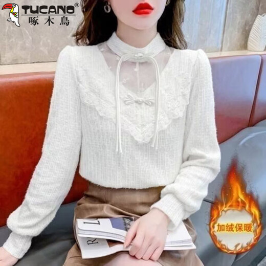 Woodpecker (TUCANO) velvet Chinese style thickened national style button-up shirt fashionable lace bottoming autumn and winter 2026 new top commuting white XL