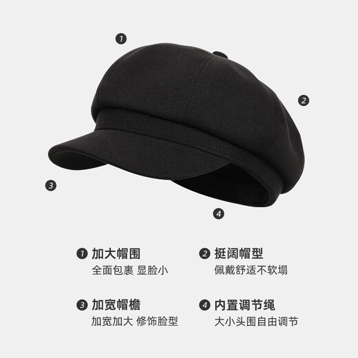 Bolison international first-line brand international first-line brand black beret women's 2025 new Japanese retro octagonal hat painting black one size