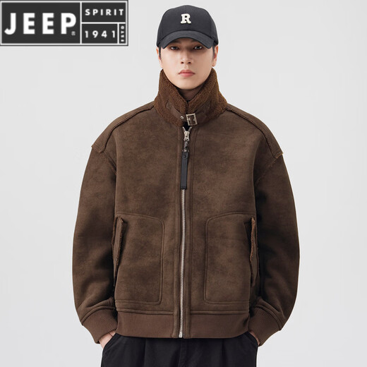 JEEP SPIRIT美式皮毛一体羊羔绒工装男2025新款冬季加绒加厚保暖翻领夹克外套 黑色 4XL