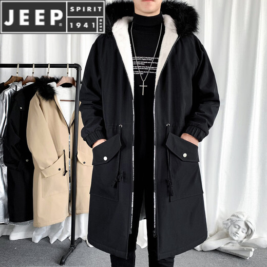 JEEP SPIRIT velvet thickened windbreaker men's hooded parka Hong Kong style coat winter and autumn coat youth mid-length large pocket men's black M