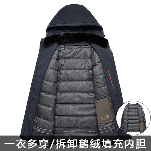 KBXNG劲霸【拆卸连帽水貂毛领+鹅绒内胆】中老年爸爸羽绒服男保暖夹克 藏青色 L 175