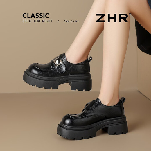 ZHR is high-heeled loafers for women, college-style thick-soled single shoes, new Velcro slip-on leather shoes KN286 black 37