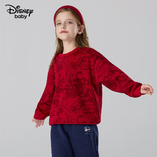 Disney Children's Clothing Boys' Sweatshirts 2026 Spring and Autumn New Style Non-Fleet Two-Color Round Neck Thickened Collar Medium and Large Children's Warm Top Trendy Red Bottom Mickey Dark Pattern 160