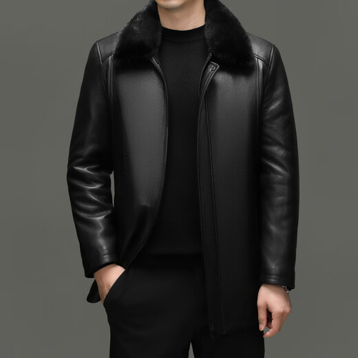DVW男士真皮夹克2026新款中年时尚山羊皮水貂毛领内胆可拆卸皮衣外套 高端黑色 4XL 适合165-180斤	