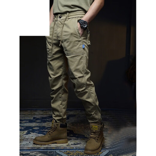 JEEP SPIRIT男装高档纯棉休闲裤男美式潮牌复古宽松春秋夏工装裤户外束脚裤子 卡其色679夏季薄款 28 建议90-110斤