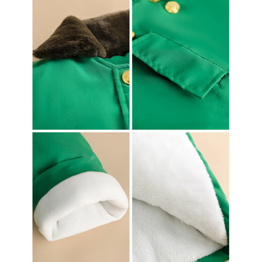 Burwilde international brand children's green military coat cotton thickened mid-length coat children's winter clothing thickened warm baby green single-piece military coat 140 cm