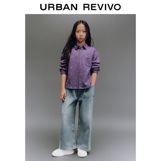 UR new winter children's clothing girls casual floral lapel patch pocket denim shirt UGH850006 purple print 140