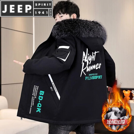 JEEP SPIRIT velvet thickened men's jacket mid-length trendy overcoat cotton winter men's jacket 2025 new windbreaker BDQ black rice XL