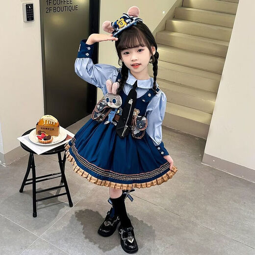 Parmaito Rabbit Police Officer Skirt, Girls Lolita Princess Skirt, Children's Disney Rabbit Police Officer Skirt, Fashionable Girl, Complete Set (Including All in the Picture) 100 Collection Order and Get a Tie