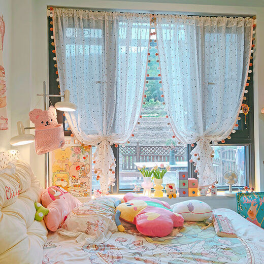 Bedroom retro dream curtain telescopic rod curtain children's room balcony half short curtain pink room window blind curtain rod type retro sugar bean yarn + three weeks of pink large hair ball piece width 100 height 50cm
