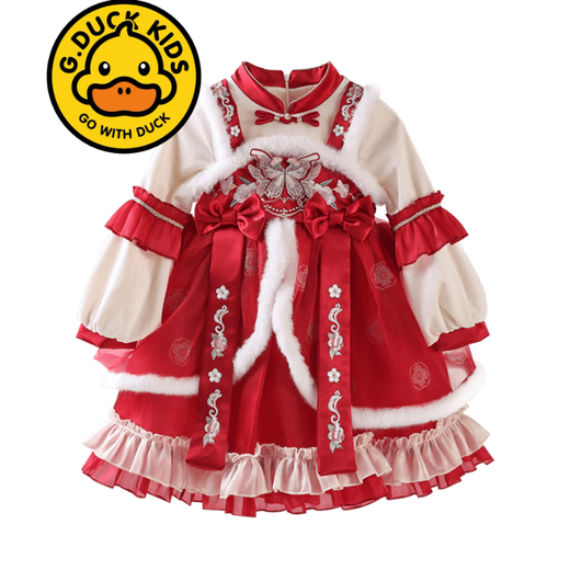 G.duck brand children's clothing Lolita princess dress girls winter thickened warm dress children's velvet Hanfu New Year's dress red 110 cm