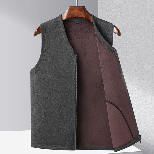 Dad's Autumn and Winter Warm Vest Middle-aged Men's Velvet Thickened Vest Middle-aged and Elderly Grandpa Cardigan Waistcoat Dark Gray 3XL Size 135-155Jin Jin is equal to 0.5 kg