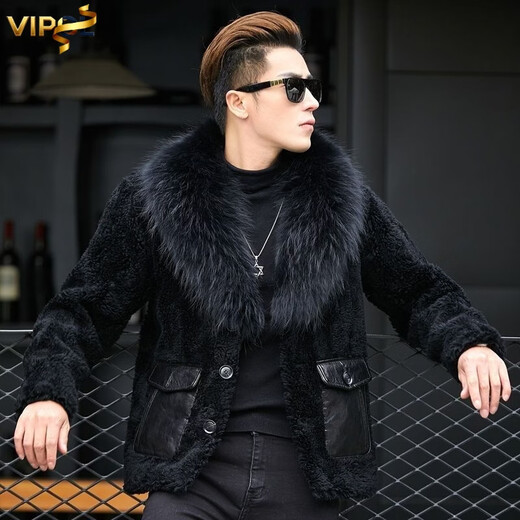 VIPOL's new Haining imitation leather raccoon dog fur collar sheep sheared jacket men's short fur one-piece thickened thick jacket black mink style fur one-piece lining 3XL 160Jin Jin equals 0.5kg ---180Jin Jin equals 0.5kg